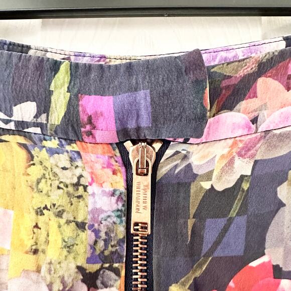 Matthew Williamson Blue Purple Pink Floral Silk Print Rose Gold Zipper Pants 6 - Picture 7 of 12
